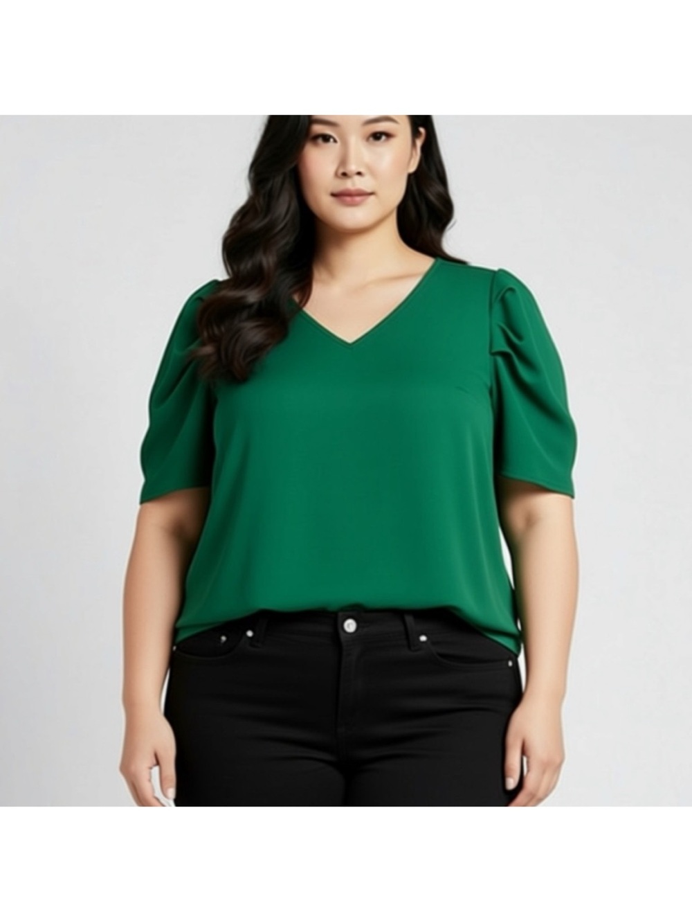 SHEIN Emerald Green V-Neck Puff Sleeve Blouse